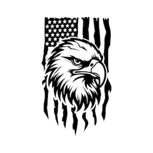 May include: Black and white illustration of a bald eagle's head with a distressed American flag behind it.