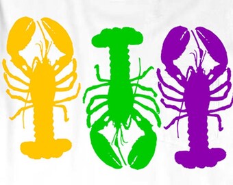 May include: Three lobster silhouettes in yellow, green, and purple. The lobsters are facing forward with their claws raised.