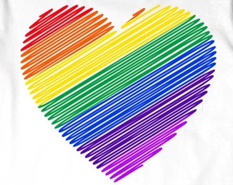 May include: White t-shirt with a rainbow heart design. The heart is made up of thin lines in the colors of the rainbow.