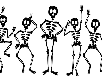 May include: Five black skeletons dancing in a line. They are all in different poses and have a fun, playful expression.