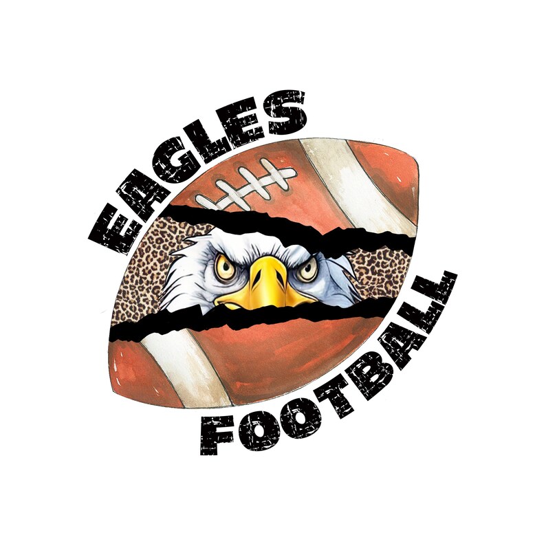 Pode incluir: Uma bola de futebol marrom e branca com uma cabe&ccedil;a de &aacute;guia preta e branca espiando por uma abertura rasgada. As palavras "EAGLES FOOTBALL" est&atilde;o escritas ao redor da bola de futebol em uma fonte preta desgastada.