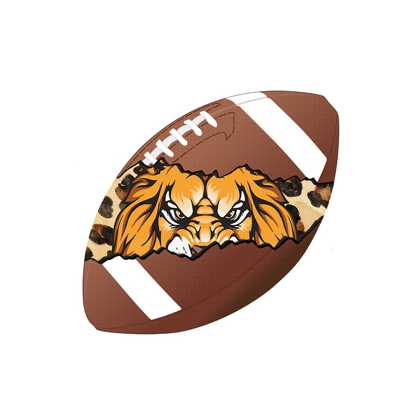 May include: A brown and white football with a tiger face and leopard print design.