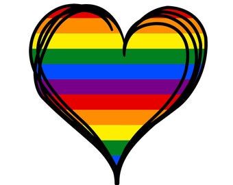 May include: A rainbow heart with a black outline. The heart is filled with the colors of the rainbow flag, red, orange, yellow, green, blue, indigo, and violet.