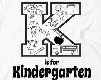 May include: Black and white illustration of the letter K with various school-related images inside, including children, a pencil, a book, an apple, and a school bus. The text "K is for Kindergarten" is below the letter.