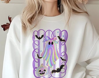 Pastel Coquette Ghost PNG, Cute Halloween Ghost with Bow, Rainbow Holographic Pumpkin Design, Spooky Season Sublimation PNG, Girly Halloween