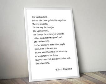 F. Scott Fitzgerald Quote Print, She Was Beautiful, Fitzgerald Quote Art, Literary Wall Art,  Love Quote Print Book Art