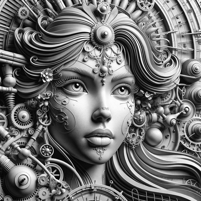 3d Imitation Grayscale Image of a Steampunk Goddess. Perfect for Laser