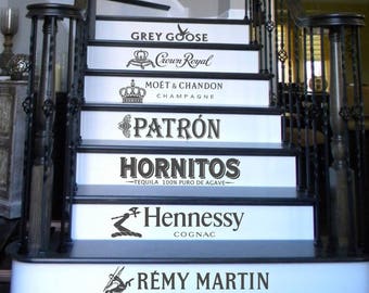 Stair Decals, Liquor Stair risers, Bar wall border, Bar stickers, cocktails, whiskey, wine, beer, man cave,  beverages 5"T X 22"W Standard