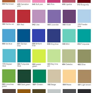 May include: A color chart featuring a grid of 48 color swatches, each with a unique name and number. Colors range from white and yellow to black and copper, including shades of pink, blue, green, and brown. The chart is designed for color selection.