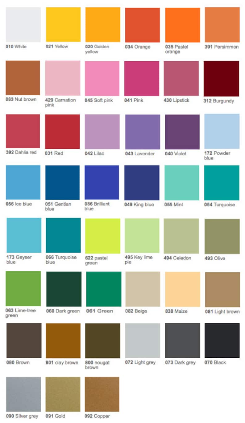 May include: A color chart featuring a grid of 48 color swatches, each with a unique name and number. Colors range from white and yellow to black and copper, including shades of pink, blue, green, and brown. The chart is designed for color selection.