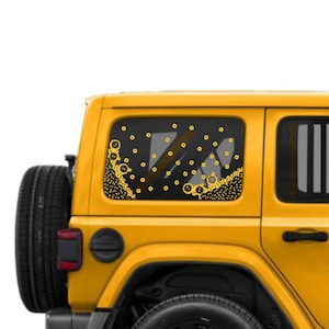 May include: A yellow Jeep Wrangler with a rear window decal of a pattern of small yellow circles.