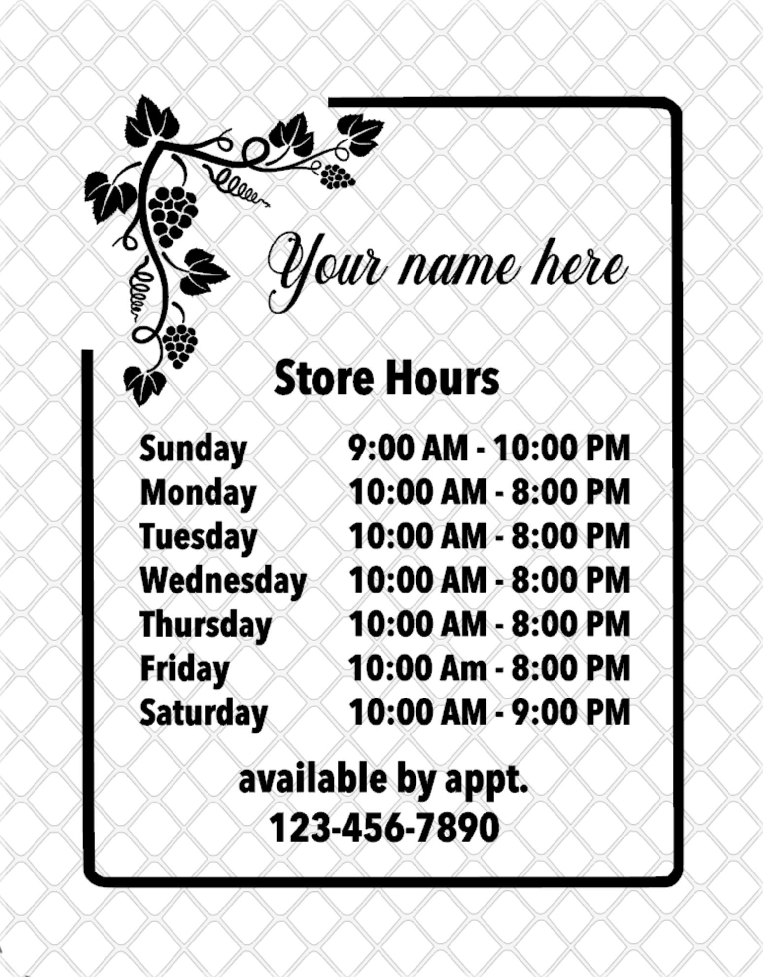 Window Store Hours Sticker Custom Store Hours Decal, Single Color Window Decal, Sticker for Hours ...