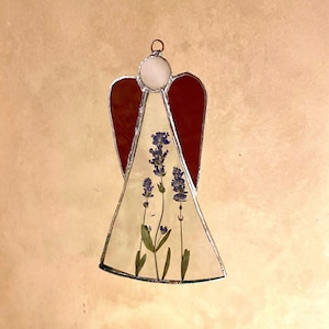 Stained Glass Angel, Real Dried Plants in Glass, Dried Lavender, Handmade Christmas Gift, Sun Catcher, Floral Angel from GlassByIlze