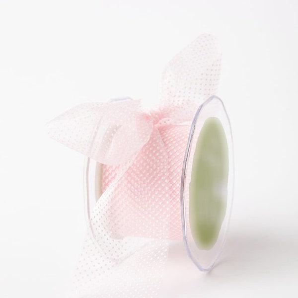 White Tiny Polka Dots on Pale Pink Shimmer Sheer Ribbon, 50mm (2in) wide *Sold Per Metre*