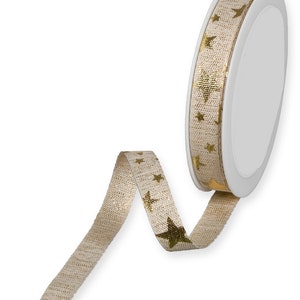GoldSterne auf Elfenbein Strukturiertem Band, 15mm breit *Pro Meter verkauft*