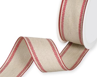 Red Stitched Stripes on Natural Linen Ribbon, 40mm (1 9/16in) wide *Sold Per Metre*