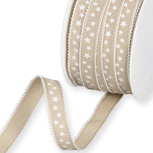 White Stars on Natural Beige Ribbon with White Picot Edge, 12mm (1/2in) wide *Sold Per Metre*