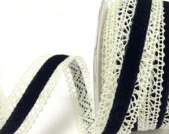 Black Velvet Ribbon on Cream Cotton Lace, 25mm (1in) wide *Sold Per Metre*