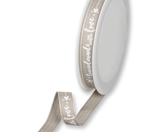Handmade with Love Script Print on Linen Beige Textured Ribbon, 15mm (9/16in) wide *Sold Per Metre*