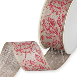 Koraalroze 'pioenrozen'-bloemenprint op natuurlijk linnenmixlint met beugels aan de randen, 40 mm breed *per 1 meter 39 inch*