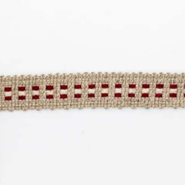 Taupe Braid with Burgundy & Ecru Tri-Stitch Cotton-Blend Trim, 19mm (3/4in) wide *Sold Per Metre*