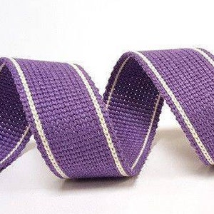 Lupin Purple with White Twin-Stripe Woven Cotton Blend Webbing, 34mm 1 11/32in wide Sold Per Metre image 1