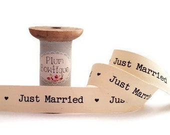 Just Married Black Typewriter Print on Cotton Ribbon, 22mm (7/8in) wide *Sold Per Metre*