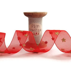 Gold Glitter Stars on Red Sheer Organza Ribbon, 25mm (1in) wide *Sold Per Metre*