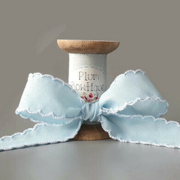 Sky Blue Ribbon with White Lace Scalloped Edges, 25mm (1in) wide *Sold Per Metre*