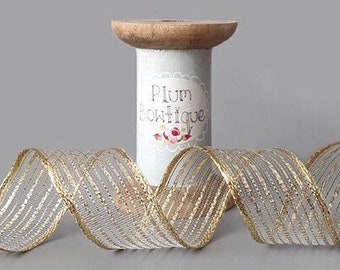 Goldfarbenes, durchsichtiges Metallic-Band mit Wirewrap-Kante, 40 mm breit, *Meterware*