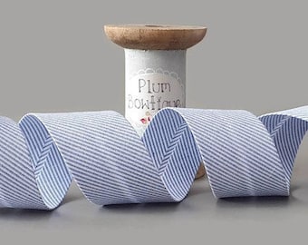 Denim Blue & White Soft-Rib Textured Stripe Polycotton Bias Binding, 30mm wide *Sold Per Metre*