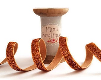 Copper Metallic Glitter Velvet Ribbon, 10mm (3/8in) wide *Sold Per Metre*