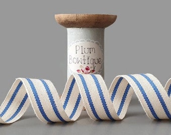 Cobalt Blue Ticking Stripe on Cream Cotton-Blend Ribbon, 15mm (9/16in) wide *Sold Per Metre*