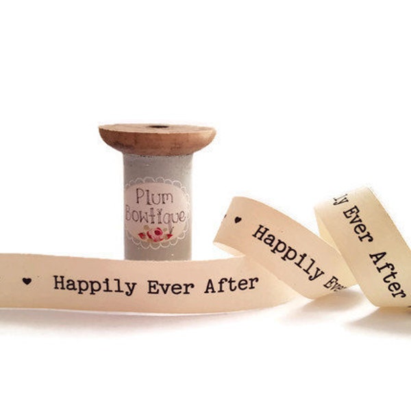 Happily Ever After Black Typewriter Print on Cotton Ribbon, 22mm (7/8in) wide *Sold Per Metre*