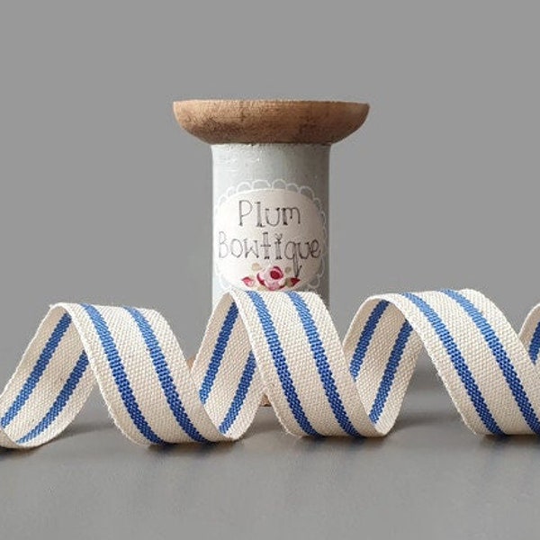 Cobalt Blue Ticking Stripe on Cream Cotton-Blend Ribbon, 15mm (9/16in) wide *Sold Per Metre*