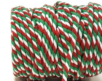 Red, Emerald Green & White "Candy Cane" Chunky 100% Cotton Bakers Twine, 5mm (3/16in) Thickness *Sold Per Metre*