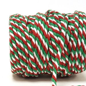 Red, Emerald Green & White &quot;Candy Cane&quot; Chunky 100% Cotton Bakers Twine, 5mm (3/16in) Thickness *Sold Per Metre*