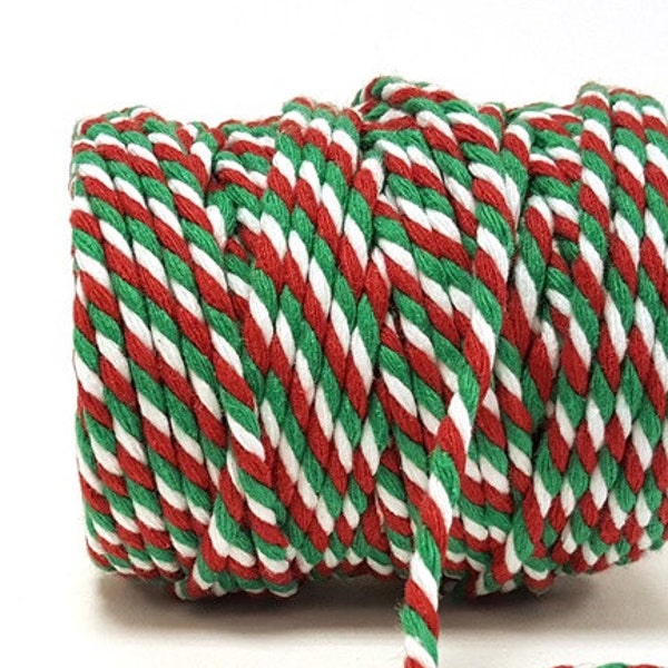 Red, Emerald Green & White "Candy Cane" Chunky 100% Cotton Bakers Twine, 5mm (3/16in) Thickness *Sold Per Metre*