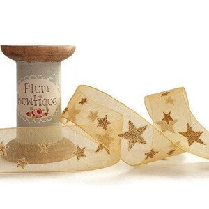 Gold Glitter Stars on Gold Sheer Organza Ribbon, 25mm (1in) wide *Sold Per Metre*