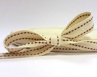 Burgundy Ticking Stitch on Cream Herringbone Twill Tape, 15mm (9/16in) wide *Sold Per Metre*