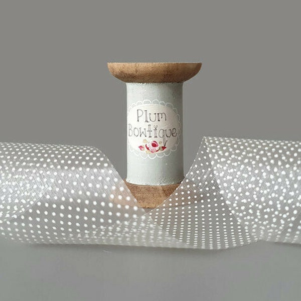 White Tiny Polka Dots on Ivory Shimmer Sheer Ribbon, 50mm (2in) wide *Sold Per Metre*