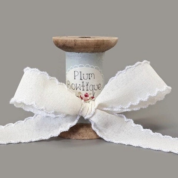 Ivory Ribbon with White Lace Scalloped Edges, 25mm (1in) wide *Per 1 Metre/39 inch OR FULL 10mtr ROLL*