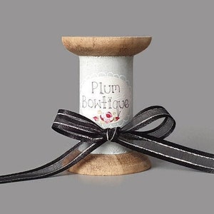 Black Sheer Ribbon with Satin Edge and Metallic Silver Stripe, 10mm (3/8in) wide *Sold Per Metre*