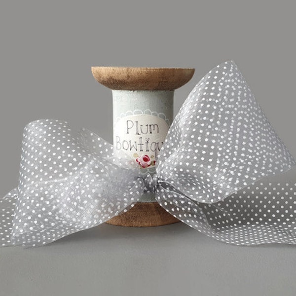 White Tiny Polka Dots on Grey Shimmer Sheer Ribbon, 50mm (2in) wide *Sold Per Metre*