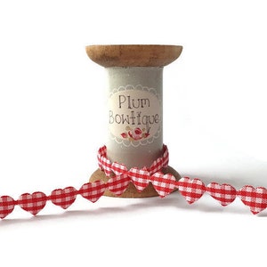 Red Gingham Heart Cut-Out Ribbon, 10mm (3/8in) wide *Sold Per Metre*