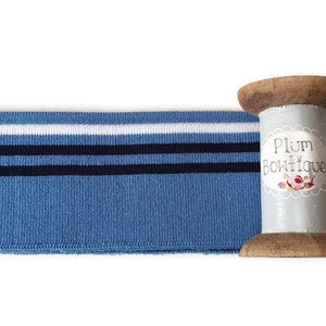 Vintage Blue with Navy & White Stripes Jersey Cuff Tube Knit Ribbing, 6cm (2 3/8in) wide *Pre-Cut 1mtr Length*