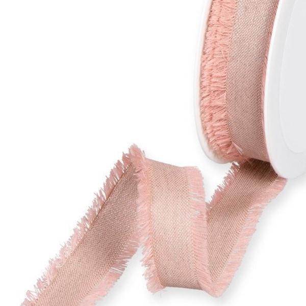 Blush Rose Linen-Blend Ribbon with Fringed Edge, 25mm (1in) wide *Sold Per Metre*