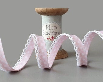 Pale Pink with White Polka Dot Bias Binding with White Lace Edge, Pre-folded 12mm (1/2in) wide *Sold Per Metre*