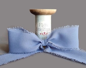 Dusky Blue Frayed Edge Silky Crepe Chiffon Ribbon, 38mm (1.5in) wide *Sold Per Metre*