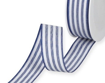 Dark Blue Chambray Ticking Stripe Ribbon, 24mm (1in) wide *Sold Per Metre*